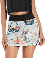 [RPLIFE] Easter Baskets Flowers Rabbits Short Golf Skirt, Womens Active Skorts with Pockets，Skirt Elastic Waist