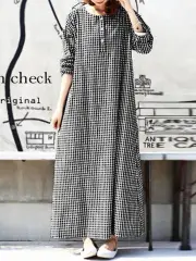 Women Casual Plaid Half Button Front Long Sleeve Maxi Dresses