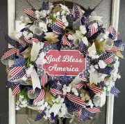 God Bless America Patriotic American Flag Deco Mesh Front Door Wreath 4th July