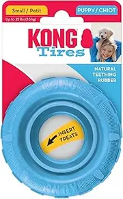 KONG - Puppy Tires - Soft Rubber Chew Toy and Treat Dispenser (Assorted Colours) - for Small Puppies