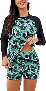 [Halcurt] Women's Built in Bra Rash Guard Long Sleeve Swimwear UPF 50 Two Piece Swim Shorts and Tops