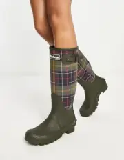 NIB Barbour Tartan Bede Wellington Tall Boots Sz 4 Green Plaid Pull On Knee High