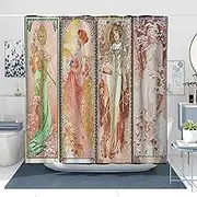 Art Nouveau Lady Shower Curtain, Alphonse Mucha Spring Summer Autumn Winter Seasons Series Screen Oil Painting Fabric Polyester Bathroom Curtain with Hooks, 72" x 78"