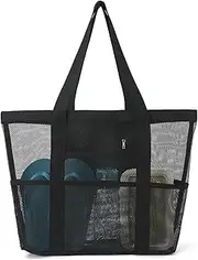 [Toguma] Large Capacity Mesh Beach Bag with 9 Pockets, Beach Tote Bag Foldable Beach Bag for Woman Man Swimming Pool Bag Lightweight Bag for Travel Camping (Black)