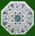 Natural Gemstone Inlay Work Corner Table Top White Octagon Marble Coffee Table