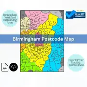 POSTCODE MAP of Birmingham Postal District Area & Surroundings, A4 LAMINATED MAP