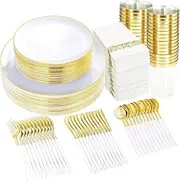 175PCS Gold Rim Dinnerware Set, Dinner Set Plates for Party Supplies Reusable, Wedding, Anniversary, Includes: 25 Dinner Plates, Dessert Plates, Cups, Spoons, Forks and Knives (25 Guests) (White)