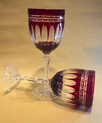 Ajka Crystal Ruby Red Cut to Clear-Goblet,Iced Tea, Red Wine, Soda. Set of 3.