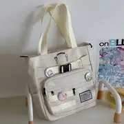 Letter Embroidered Multi-Pocket Tote Bag / Bag Charm / Set Backpack - Milky White - One Size