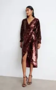 Ted Baker Emalee Sequin Wrap Plunge Neck Dress Burgundy Glam NWT Size 2 US4-6
