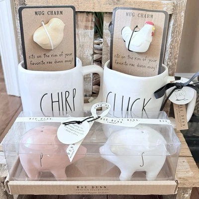 New Rae Dunn “Chirp & Cluck” Charm Chicken Chick Mugs & Oink Pig Salt/Pepper Set