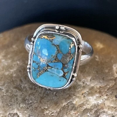 Native Mohave Navajo Sterling Silver Blue Turquoise Ring Size 7 Set 11420