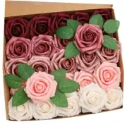 25pcs Artificial Flower，Real Looking Foam Roses w/Stem for Shades of Burgundy