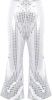 [Sinleey] Kids Girls Shiny Metallic Hip Hop Jazz Dance Flared Pants Elastic Waistband Bell Bottoms Performance Dancewear