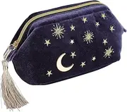 Handy cosmetic makeup bag,Navy Velvet Embroidered Applique Moon Stars Cosmetic Bag,Starry Makeup Pouch with Tassels & Pearl Zipper,Beautician Storage Bag, blue, Medium-A, Trapezoidal