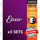 3 SETS OF ELIXIR ACOUSTIC GUITAR STRINGS NANOWEB PHOSPHOR BRONZE - SELECT GAUGE