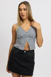 Black Check Sleeveless Top Open Front - Size 16XL, Women's Top