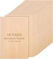 16 Pack 8" x 12" Basswood Sheets, 1/16 Thin Balsa Wood, Unfinishd Plywood Sheets for Laser Cutting, Crafts, Model Making, Wood Burning