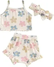 [Amnnchya] Newbron Baby Girl Tank Top Summer Clothes Solid Color Sleeveless Vest Ruffle Bloomers Shorts Set Cute Outfit