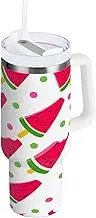 RPLIFE Cute Cartoon Watermelon Red White 40oz Tumbler with Handle, Stainless Steel Cup, Insulated Cup with Straw