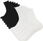 [WPSOFC] Women's Ruffle Turn-Cuff Casual Ankle Socks - Lightweight Cotton Lettuce Crew Frilly Socks, Breathable & Cool Knit Design, 6 Pack