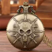 Bronze Carved Skull Design Antique Quartz Pocket Watch for Men Women Long Chain