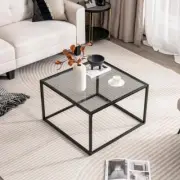 Costway 70 CM Modern Square Glass Coffee Table with Metal Frame-Grey