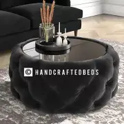 CHESTERFIELD FOOTSTOOL/ COFFEE TABLE, HAND MADE HAND PLEATED WITH GLASS TOP 30”