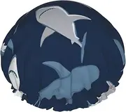 Blue Cartoon Shark Print Various Activities Shower Cap Reusable Soft And Lightweight Bath Hair Cap Long Hair