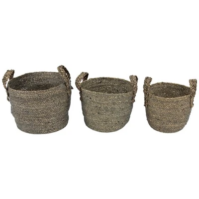 Northlight 3 Dark Brown Round Seagrass Storage Baskets Braided Handles 13.5"