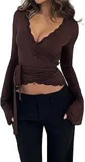 [Doloame] Womens Y2k Lace Sheer Mesh Crop Tops Long Sleeve Deep V Neck Cross Wrap Blouses Slim Fit Fairy Coquette T-Shirts
