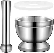Stainless Steel Hand Masher & Bowl, Wanfoou Mortar and Pestle Set, with Anti Slip Base for Grinding Herbs Pills and Kitchen Spices Crusher with Lid