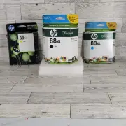 3 Pack Genuine HP Office Jet Inkjet Printer Ink 88XL Black, Yellow And Cyan READ