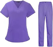 [Vseutiac] Women's Healthcare Scrubs Set with Top And Bottom for Easy Care, Purple S