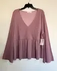 $60 A BEAUTIFUL SOUL Waffle Knit Babydoll Top 1X Mauve Boho Bell Sleeve V-Neck