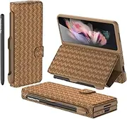 for Samsung Galaxy Z Fold 3 5G Case Woven Texture Leather Hybrid PC Phone Case Built-in Card Slot All-Inclusive Shockproof Protective Cover with Detachable S-Pen Pocket (Brown)