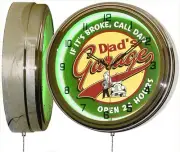 16" DAD'S GARAGE Open 24 Hours Sign Green Neon Clock Man Cave Muscle Car