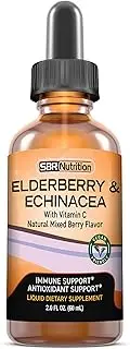 SBR Nutrition Immune Support Liquid Dietary Supplement for Adults, Elderberry and Echinacea with Vitamin C, Organic, Vegan Sambucus Extract Immune System Booster, 2 oz (60 mL)