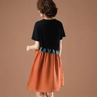 假兩件洋裝裙子L-5XL韓版撞色拼接字母設計寬松圓領短袖連身裙女NB11 衣時尚