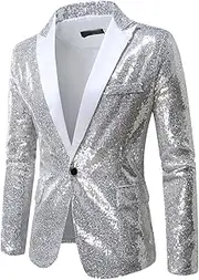 [Generic] Men's Blazers Casual Shiny Sequin Tuxedo Party Dinner Prom Blazer One Button Lightweight Lapel Suit Jacket for Men