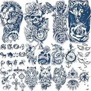 18 Sheets of Semi-Permanent Tattoos for Women, 4 Sheets of Large Flowers, Dark Blue Fake Tattoos and 14 Sheets of Small Tattoos for 1-2 Weeks, Waterproof Temporary Tattoo