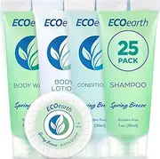 EcoEarth Hotel Toiletries Bundle (Spring Breeze, 1 oz Each, 125 Pieces) 5-Piece Set: 25 Each Round Bar Soap, Shampoo, Conditioner, Body Lotion & Body Wash - Bulk Mini Guest Amenities