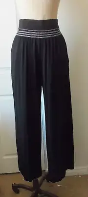 Max Studio Black White Stitch Rayon Blend Jersey Elastic Waist Wide Leg Pants L