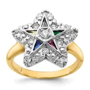 14k Two-tone Gold Women's Polished and Beaded with Multi-color CZ and Diamond Eastern Star Masonic Ring