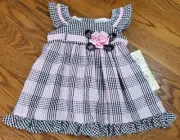NEW! RARE TOO! GIRLS 6-9M SUNDRESS PINK BROWN GINGHAM SEERSUCKER RIBBON BOW ROSE