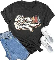 [RFBIQI] Vintage Merry Christmas Shirts Women Funny Christmas Trees Graphic Tees Letter Print Short Sleeve Xmas Gift Casual Top