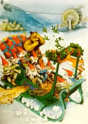 Postcard Art Tomte Gnomes Elves Sleigh Ride Bear Winter Snow Inge Look Finland