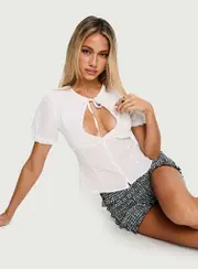 Gleaming Bow Detail Button Up Top White