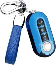 HIBEYO Key Fob Cover for Fiat 500 Linea 3 Button Filping Smart Remote Auto Key Shell with Leather Keychains for Fiat 500 Accessories Soft TPU Key Case-Blue