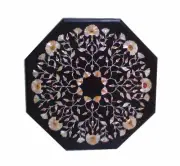 18" Black Marble Side End Table Top Semi Precious Stones Inlay Handicraft Work